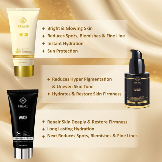 KIKASS iViCH Combo III- Skin Care Combo | Day Cream 50 g | Night Cream 50 g and Serum 30 ml